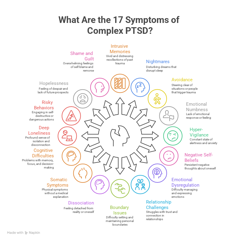 The image describes what are the 17 symptoms of Complex PTSD