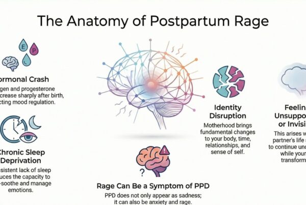 This image describes the five elements that are the driving force of postpartum depression, anger at the husband.