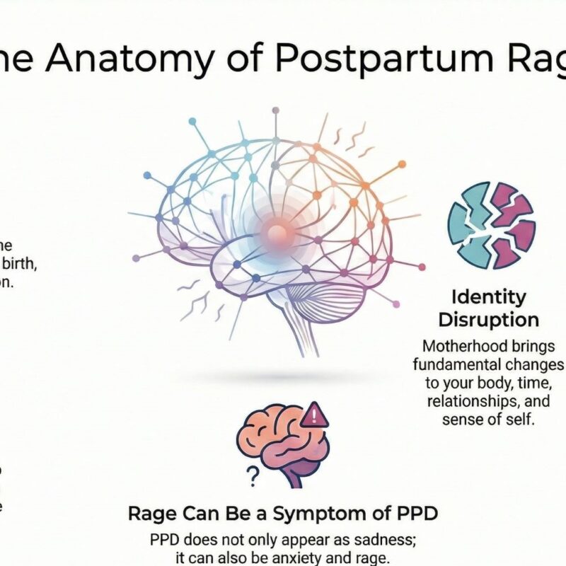 This image describes the five elements that are the driving force of postpartum depression, anger at the husband.