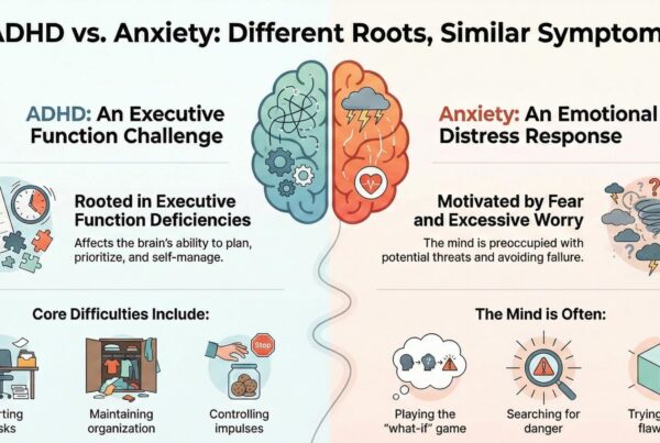 This image describes the difference between anxiety and ADHD by discussing the different roots and similar symptoms.