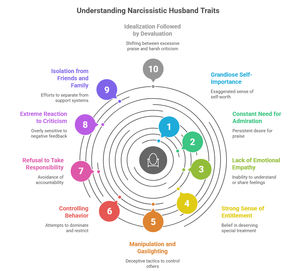 This image lists the 10 signs of a narcissistic husband that ruin your relationship with a partner.
