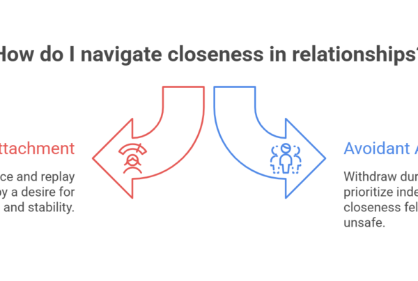 An infographic titled "How do I navigate closeness in relationships?" illustrating two types of relationships based on attachment styles. To the left, a red arrow describes "anxious attachment," and to the right, a blue arrow describes "avoidant attachment."