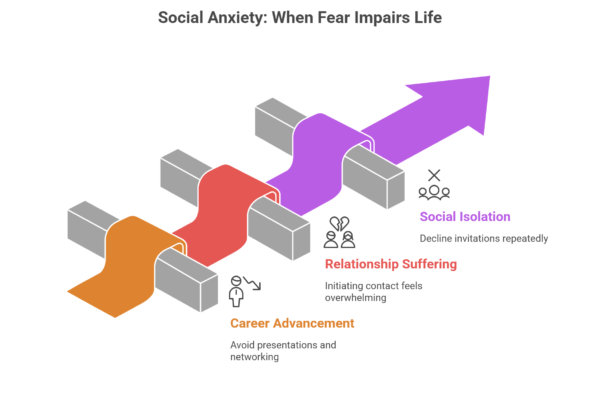 An infographic that explores the question, "Is social anxiety a disability?" by showing an arrow overcoming obstacles. It highlights three areas of impairment: career advancement, relationship suffering, and social isolation.