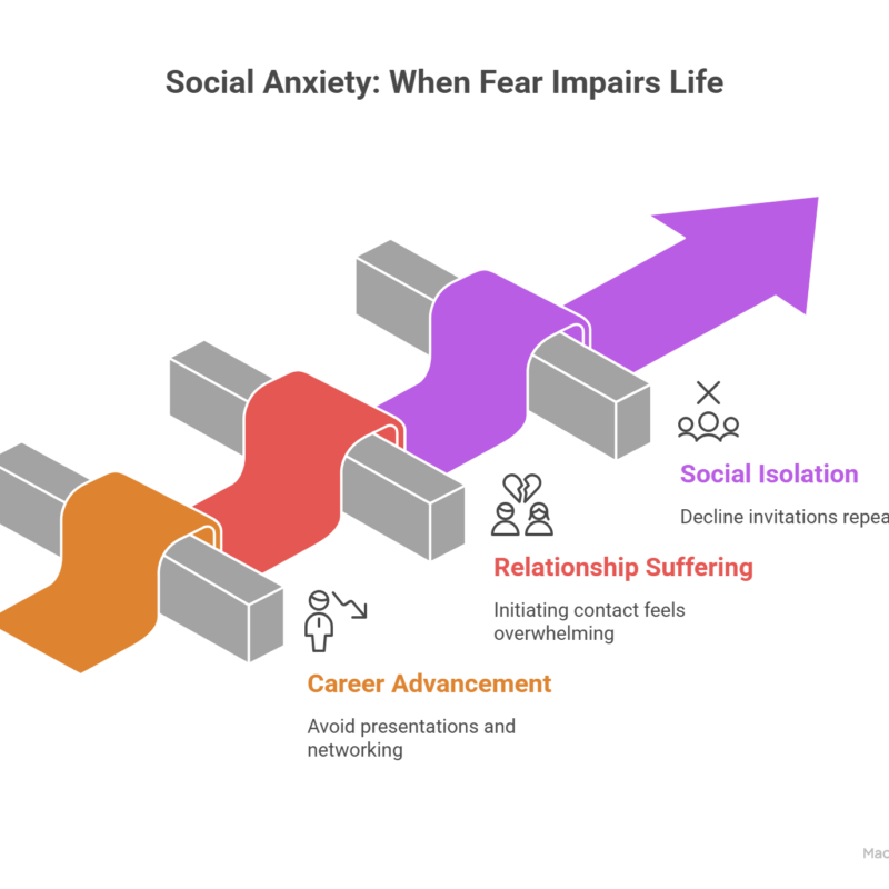 An infographic that explores the question, "Is social anxiety a disability?" by showing an arrow overcoming obstacles. It highlights three areas of impairment: career advancement, relationship suffering, and social isolation.