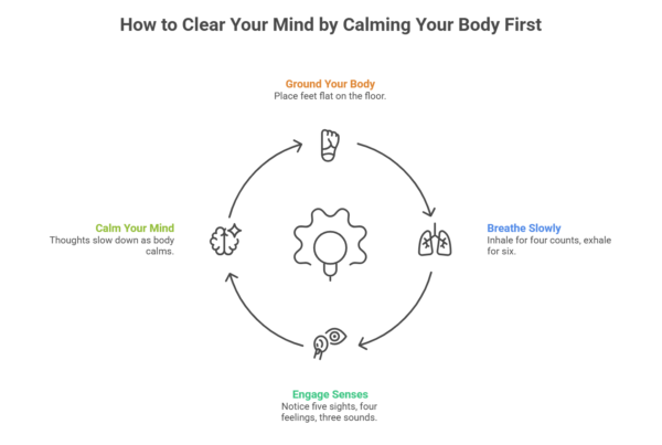 An infographic titled "How to Clear Your Mind by Calming Your Body First". It illustrates a four-step circular process for mental clarity: grounding the body with feet flat, breathing slowly, engaging senses, and calming the mind as the body relaxes.