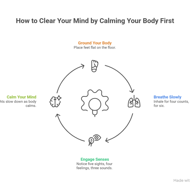 An infographic titled "How to Clear Your Mind by Calming Your Body First". It illustrates a four-step circular process for mental clarity: grounding the body with feet flat, breathing slowly, engaging senses, and calming the mind as the body relaxes.