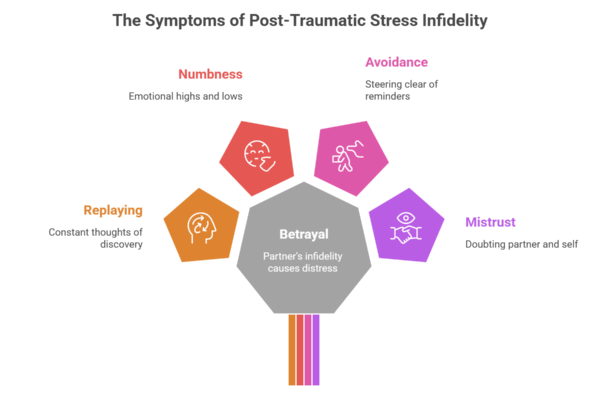 An infographic titled "The Symptoms of Post Traumatic Stress Infidelity" centered on "Betrayal." It features four icons: replaying constant thoughts of discovery, emotional numbness, avoidance of reminders, and mistrust of both partner and self.