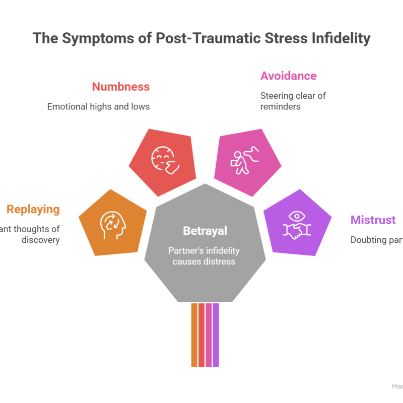 An infographic titled "The Symptoms of Post Traumatic Stress Infidelity" centered on "Betrayal." It features four icons: replaying constant thoughts of discovery, emotional numbness, avoidance of reminders, and mistrust of both partner and self.
