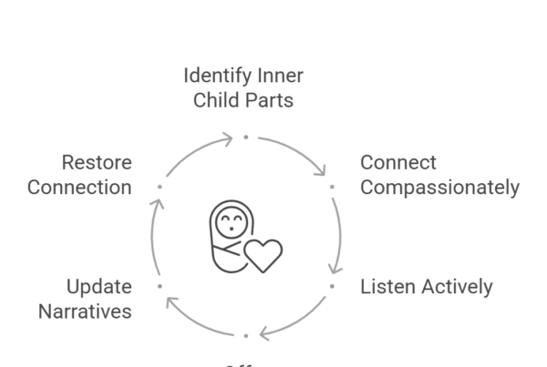 An infographic that outlines a six-step process for healing childhood trauma. The circular flow includes identifying inner child parts, connecting compassionately, listening actively, offering reassurance, updating narratives, and restoring connection.
