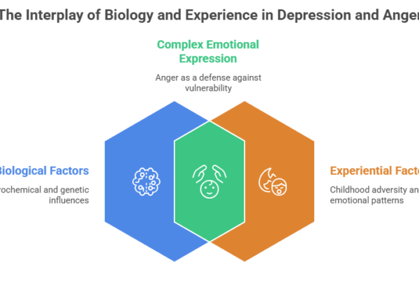 This image discusses the biological and emotional factors behind the connection between depression and anger.