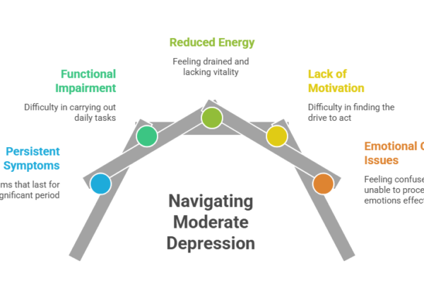 This image lists the common symptoms that are helpful in understanding what moderate depression means.