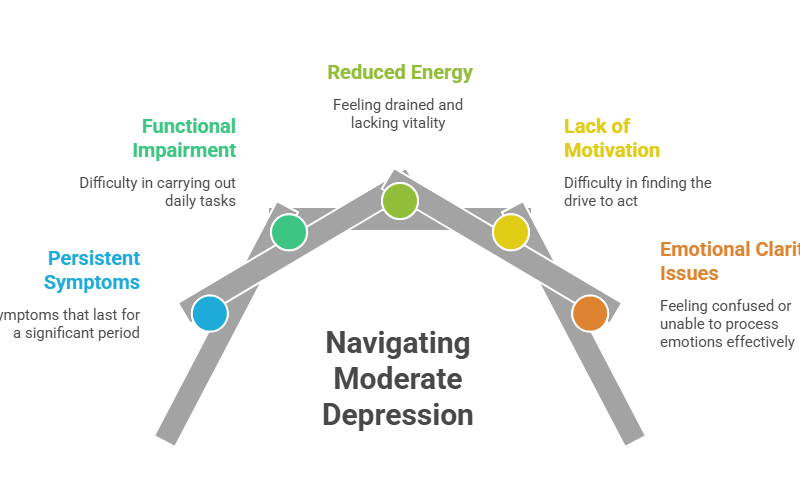 This image lists the common symptoms that are helpful in understanding what moderate depression means.