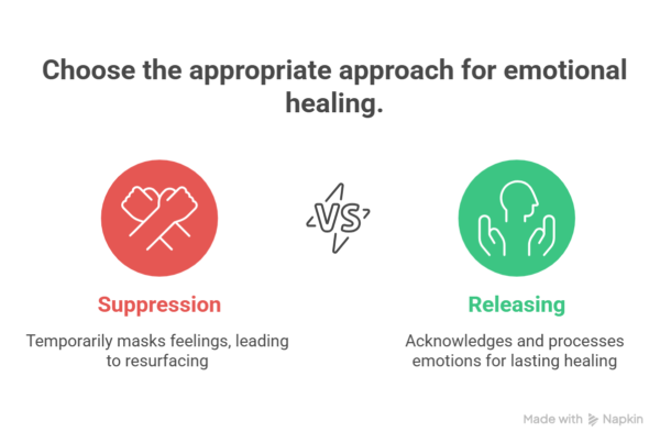 An infographic titled "Choose the appropriate approach for emotional healing" compares two methods on how to let go of the past. On the left is “Suppression," and on the right is "Releasing."