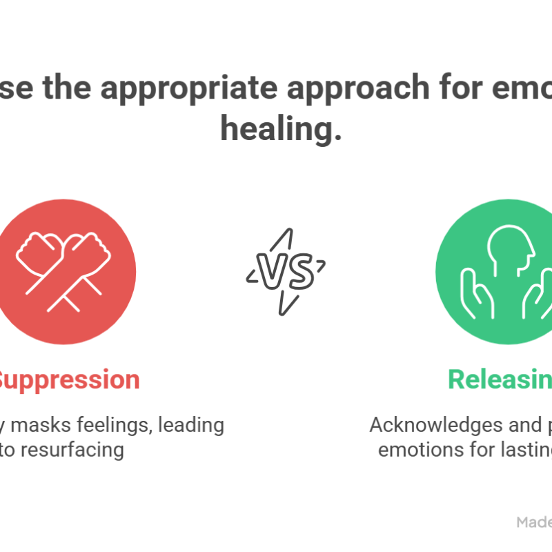 An infographic titled "Choose the appropriate approach for emotional healing" compares two methods on how to let go of the past. On the left is “Suppression," and on the right is "Releasing."