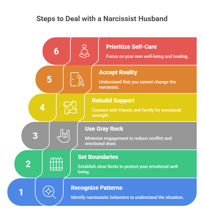 This image describes the six steps to take when figuring out how to deal with a narcissist husband.