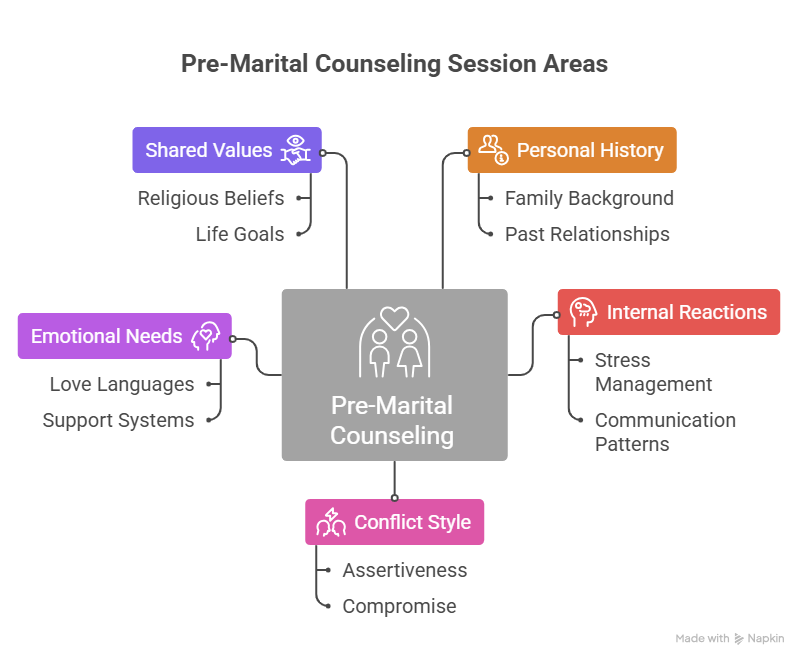 An infographic explaining what is pre marital counseling by highlighting five core focus areas. The diagram branches out into shared values, personal history, internal reactions, conflict style, and emotional needs to prepare couples for marriage.