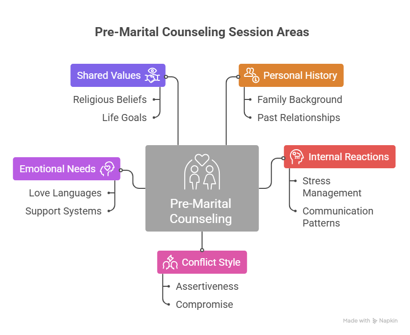 An infographic explaining what is pre marital counseling by highlighting five core focus areas. The diagram branches out into shared values, personal history, internal reactions, conflict style, and emotional needs to prepare couples for marriage.
