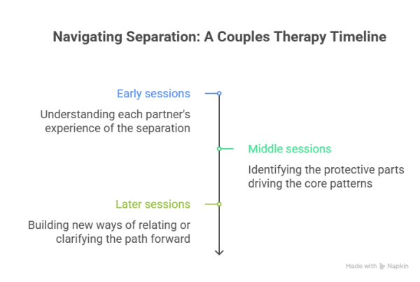 A vertical timeline for marriage counseling for separated couples titled "Navigating Separation." It outlines three stages: early sessions for understanding experiences, middle sessions for identifying protective parts, and later sessions for building new ways of relating.