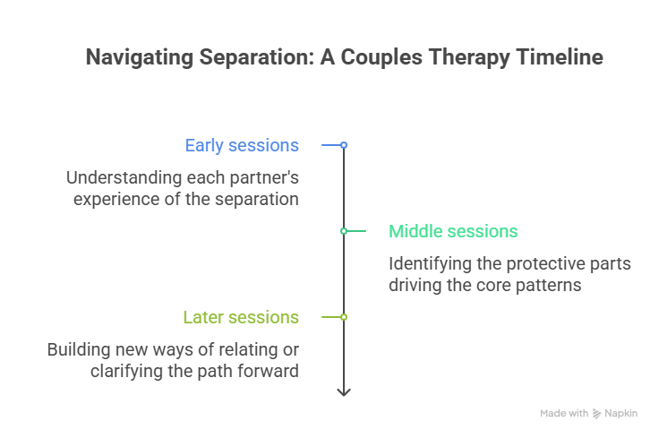 A vertical timeline for marriage counseling for separated couples titled "Navigating Separation." It outlines three stages: early sessions for understanding experiences, middle sessions for identifying protective parts, and later sessions for building new ways of relating.
