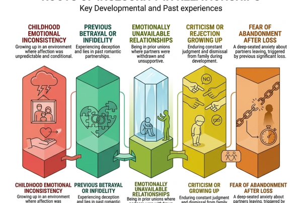 An infographic featuring five 3D columns that detail how to deal with insecurities in a relationship by understanding their origins. Each column covers childhood inconsistency, previous betrayal, emotional unavailability, upbringing criticism, and fear of abandonment.