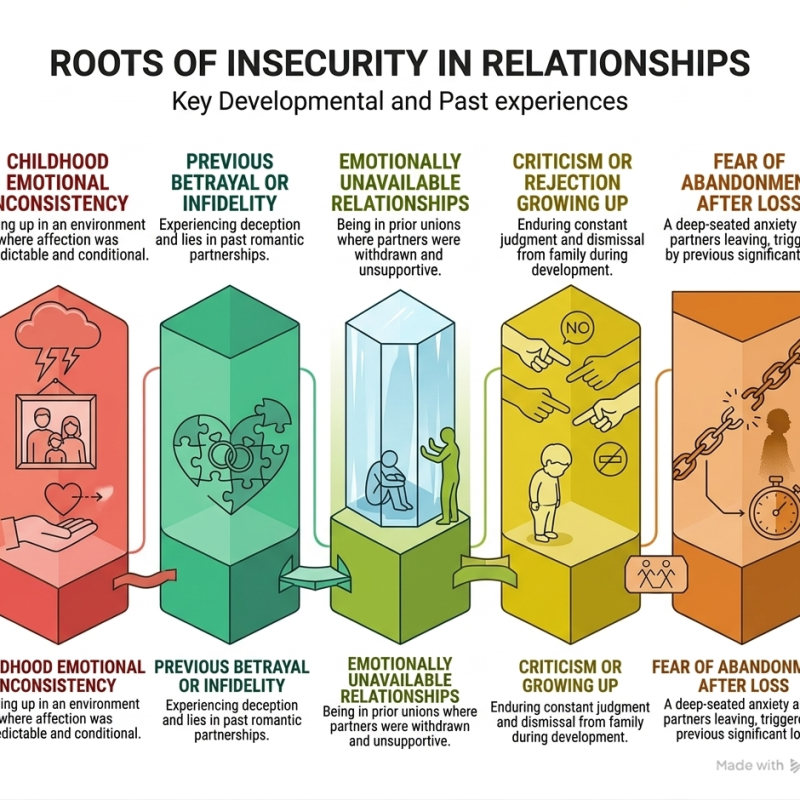 An infographic featuring five 3D columns that detail how to deal with insecurities in a relationship by understanding their origins. Each column covers childhood inconsistency, previous betrayal, emotional unavailability, upbringing criticism, and fear of abandonment.