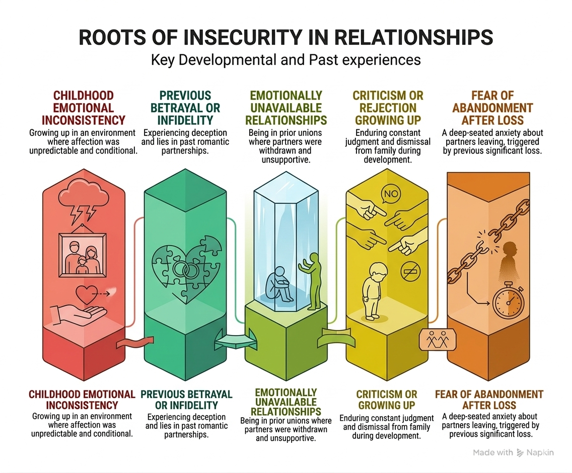 An infographic featuring five 3D columns that detail how to deal with insecurities in a relationship by understanding their origins. Each column covers childhood inconsistency, previous betrayal, emotional unavailability, upbringing criticism, and fear of abandonment.