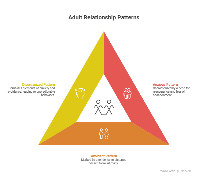 An infographic visualizing different types of emotional attachment in a triangle diagram. It describes the disorganized pattern of unpredictable behaviors, the anxious pattern of abandonment fear, and the avoidant pattern of distancing from intimacy.