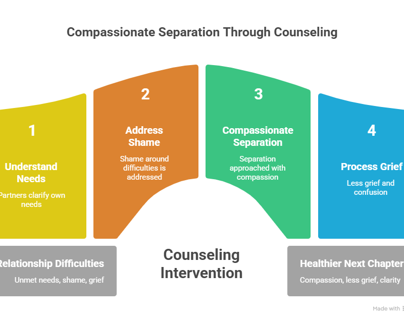 An infographic showing how can couples counseling save a relationship or lead to a healthier next chapter. A four-step bridge process illustrates understanding needs, addressing shame, compassionate separation, and processing grief.