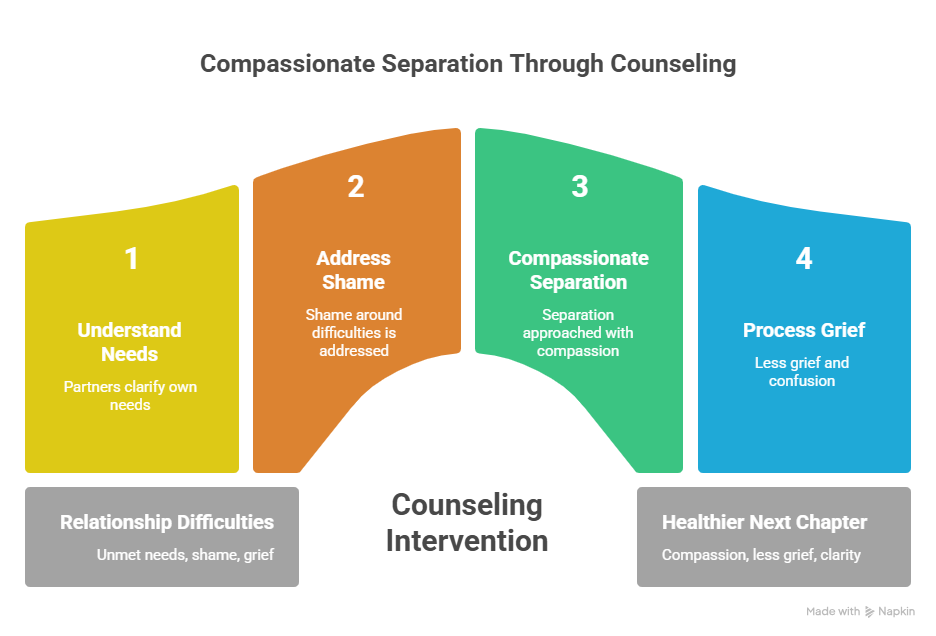 An infographic showing how can couples counseling save a relationship or lead to a healthier next chapter. A four-step bridge process illustrates understanding needs, addressing shame, compassionate separation, and processing grief.