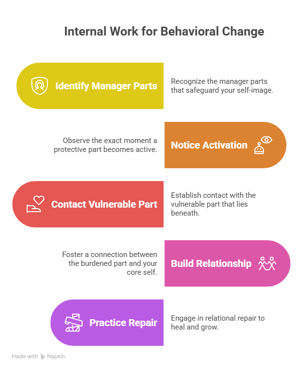 An infographic outlining a 5-step process on how to stop being a narcissist through IFS. The steps include identifying manager parts, noticing activation, contacting vulnerable parts, building relationships with the core self, and practicing relational repair.